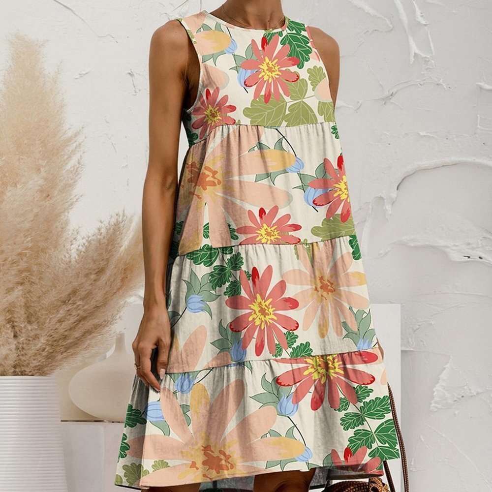 UDEAR - Pink & Green Floral Keyhole-Back Sleeveless Dress - Size M